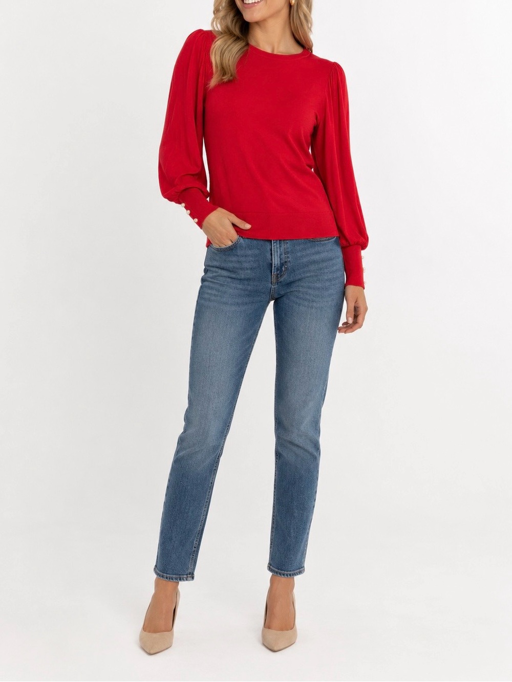 CeCe Long Sleeve Crew Neck Solid Red Knit Shirt with Pearl Detail